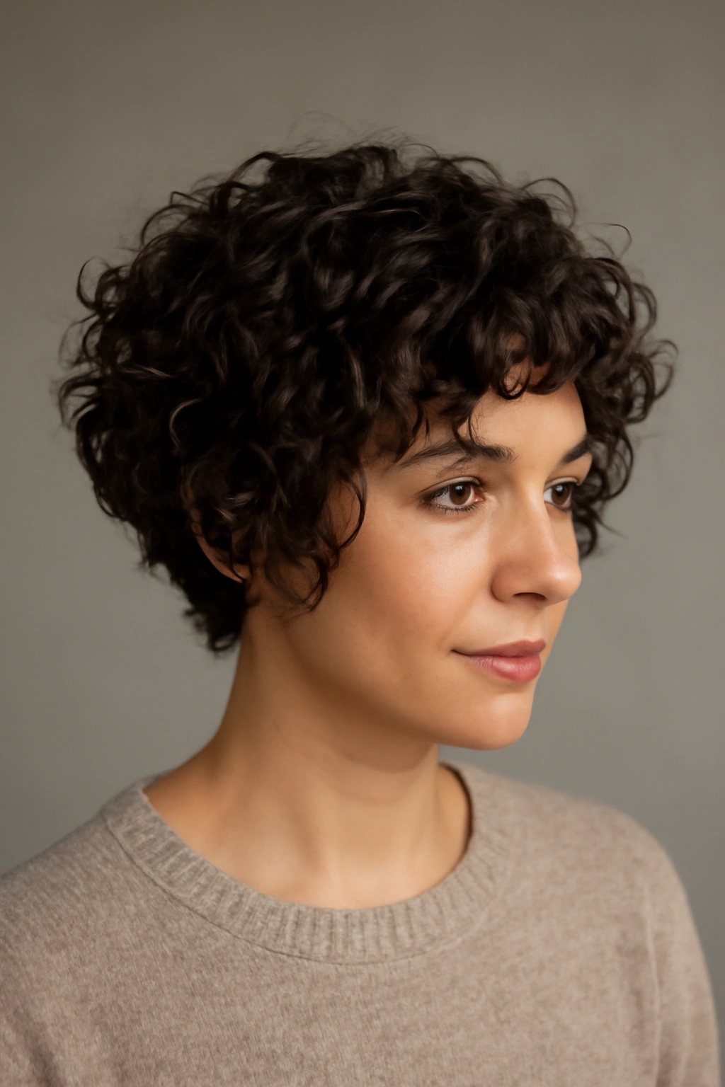 Portrait of a person with a textured pixie bob hybrid showing longer front pieces framing the face.