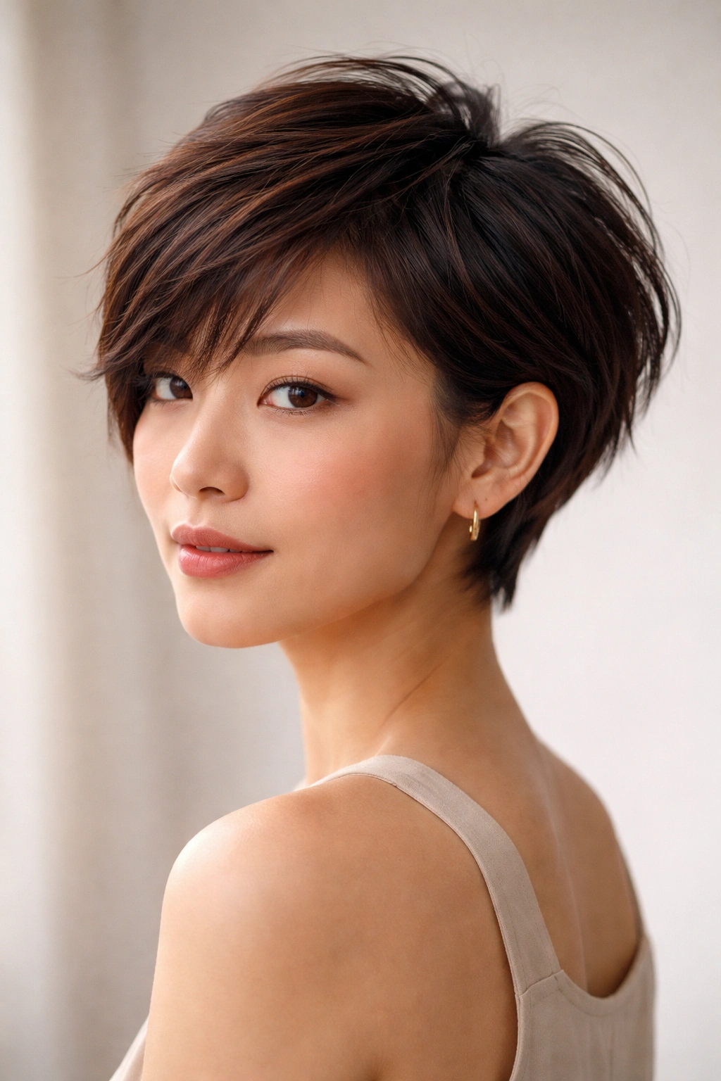 Asian woman with a textured pixie bob showing layered crown and tousled texture