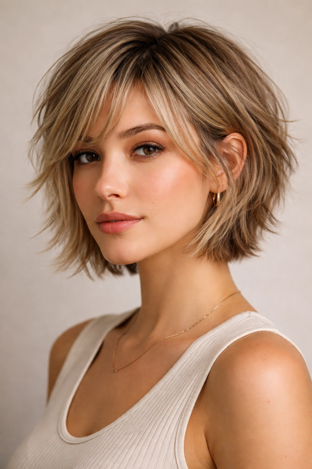 Close-up of a chin-length textured pixie-bob hairstyle with choppy layers.