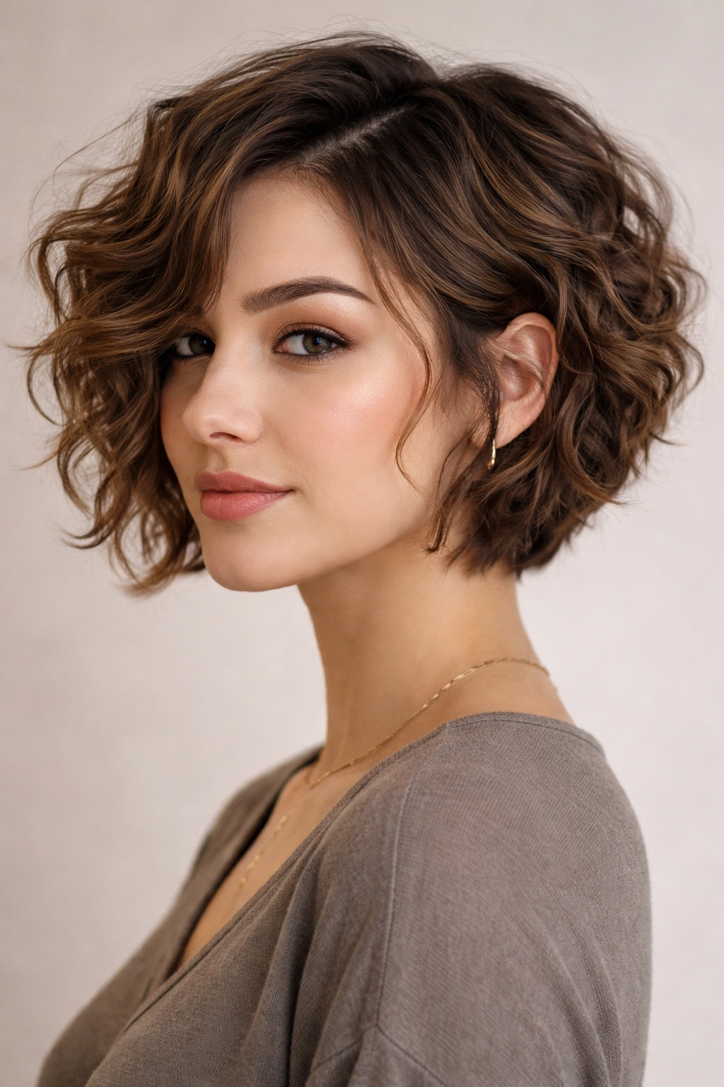 Close-up of textured pixie-length curved bob with defined curls