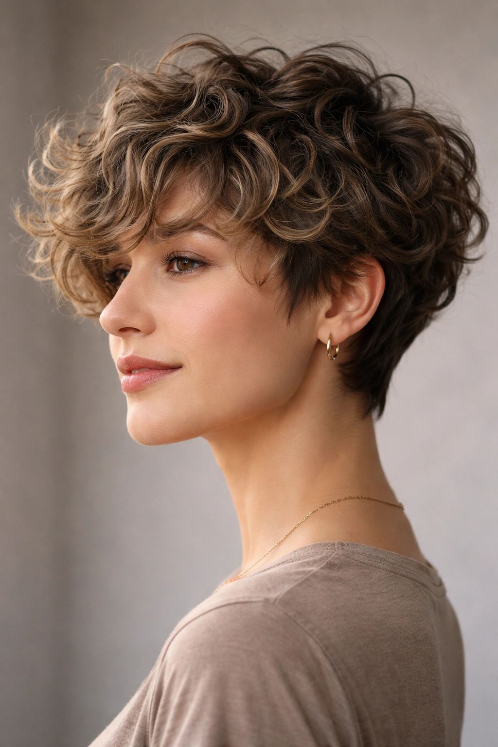 10 Curly Layered Short Cuts With Tons Of Bounce 1 Close-up portrait of a textured pixie bob with choppy curls around ears and crown
