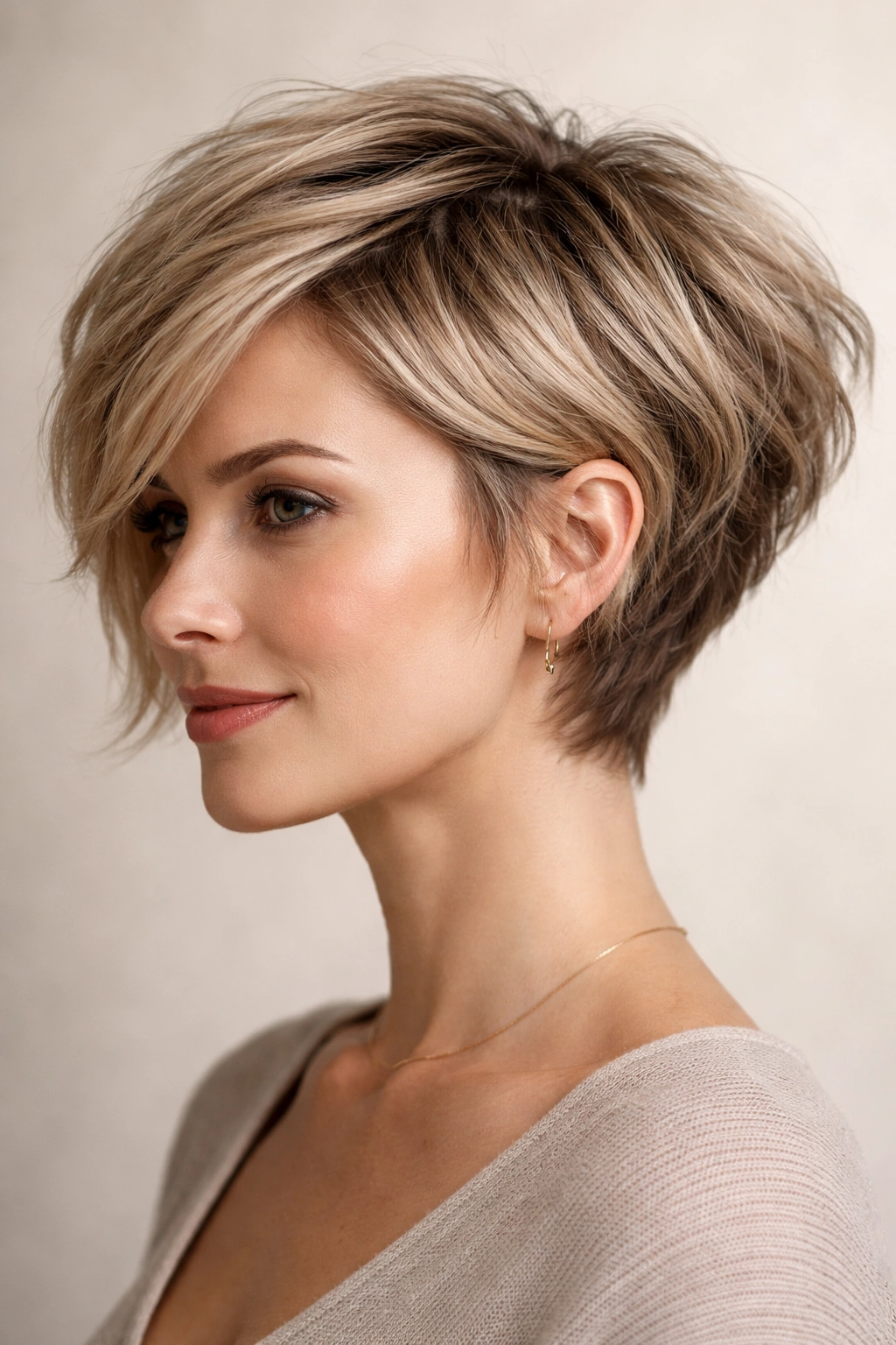 Close-up of textured pixie-bob hybrid hairstyle with stacked back layers and longer front.