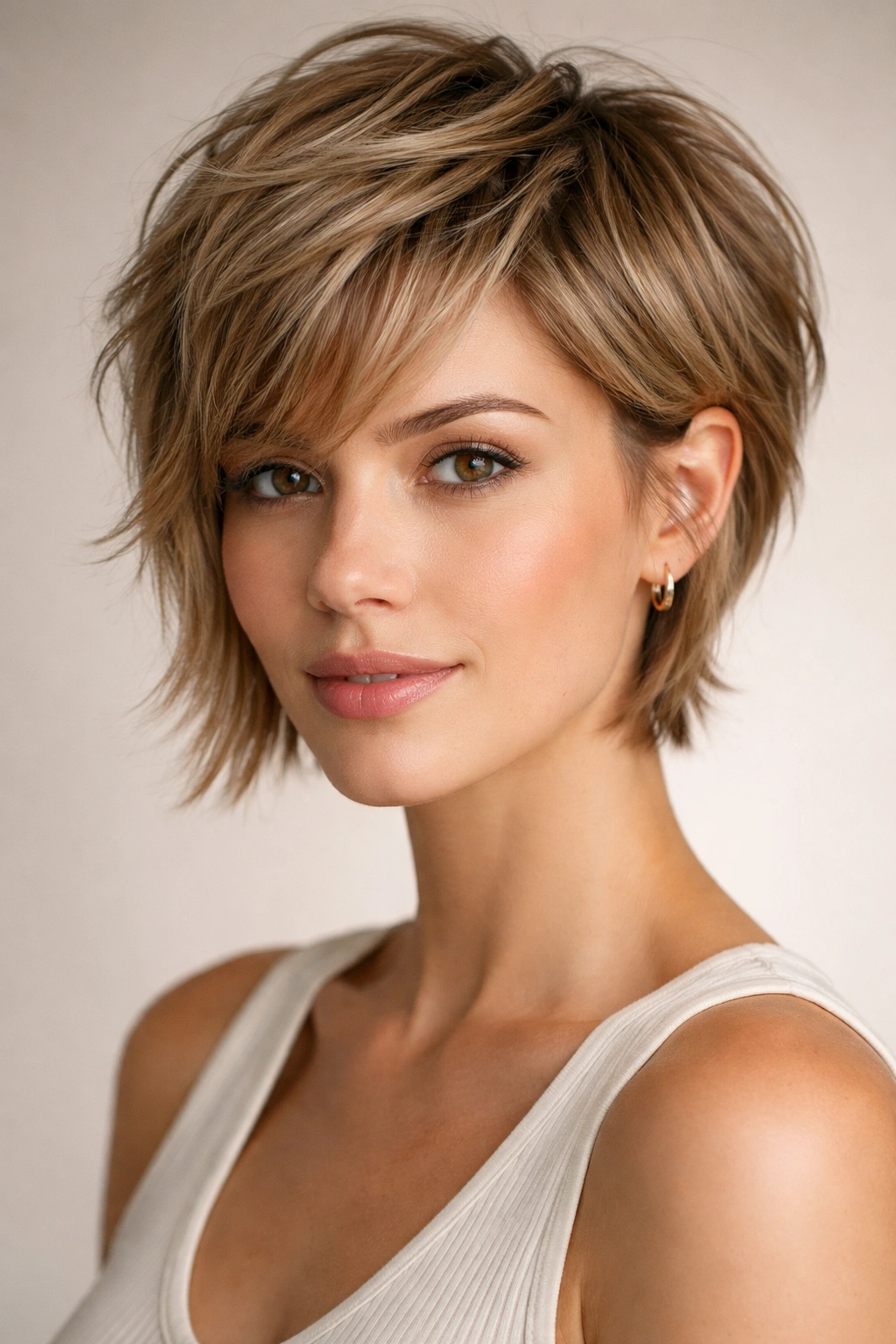 Textured pixie-bob with grown-out length framing the face
