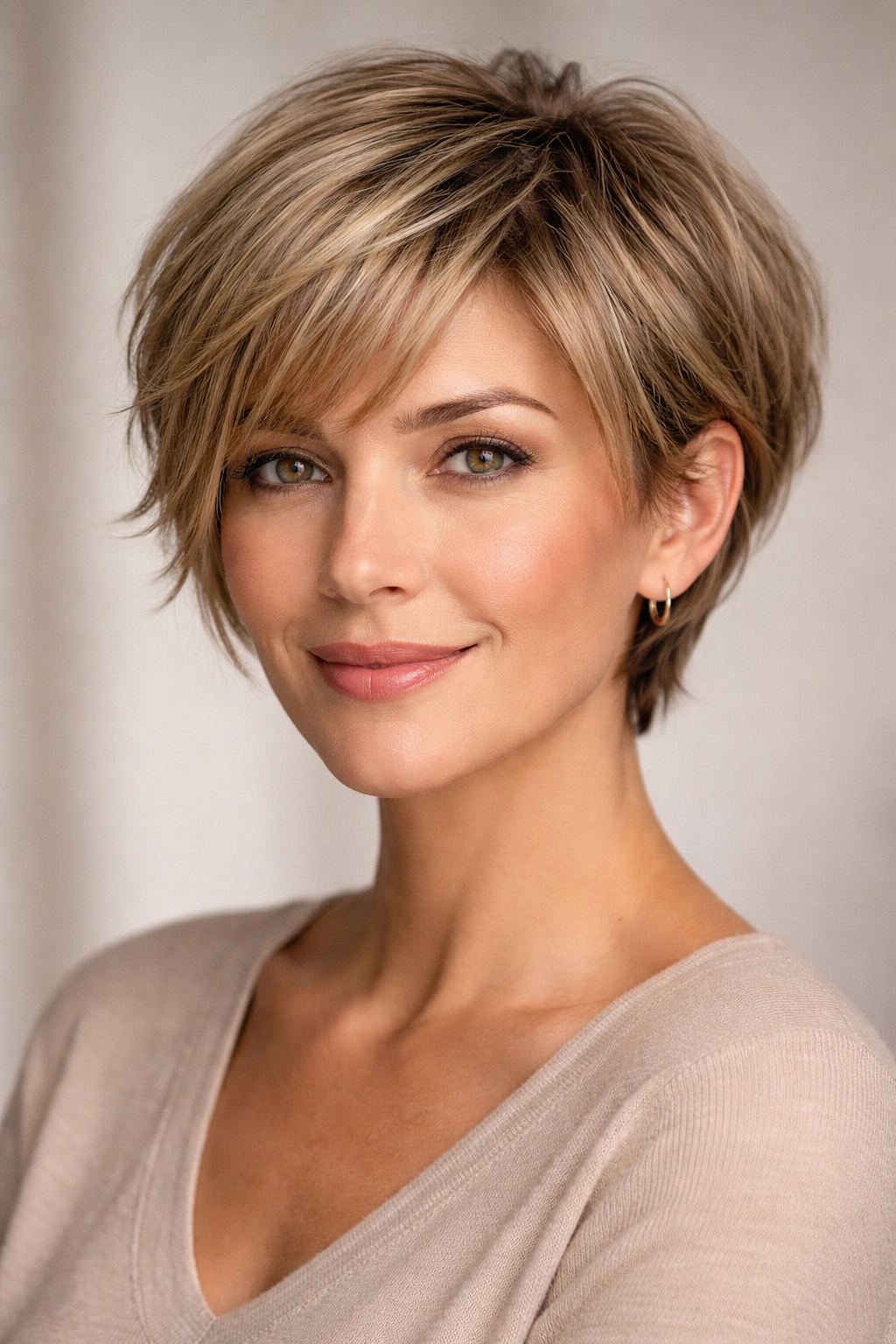 Close-up of textured pixie bob framing the face with face-framing layers