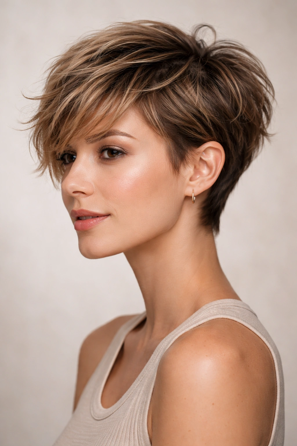 Textured pixie bob showing cropped sides and longer top with texture
