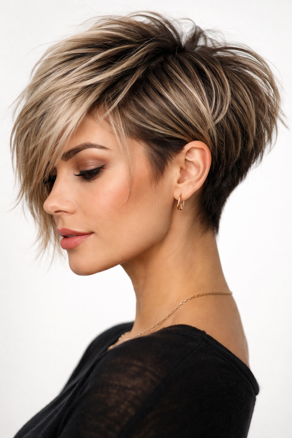 Portrait of Textured Stacked Pixie Bob with choppy layers and undercut details