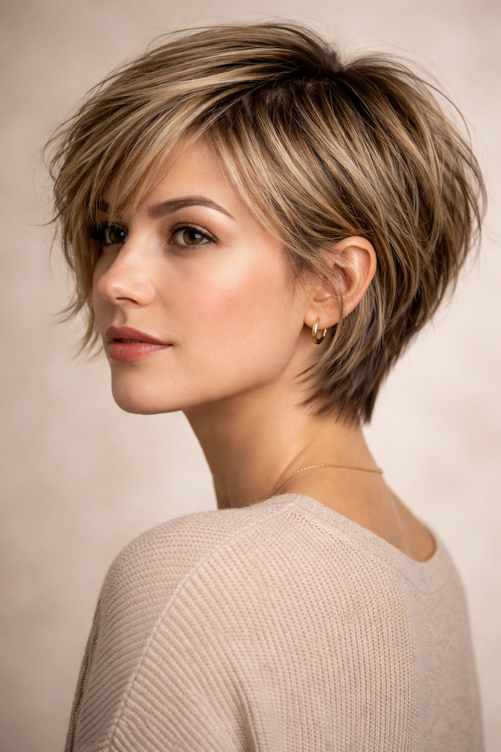 Three-quarter view of a textured pixie-bob hybrid showing chin-length back