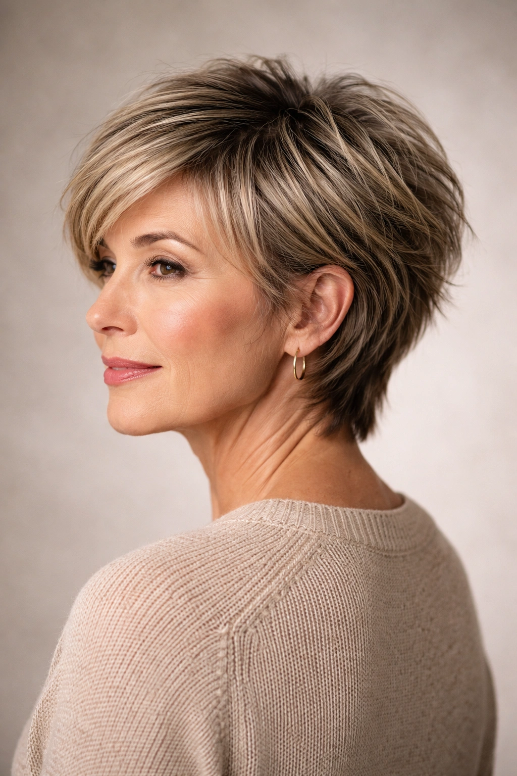 Short textured pixie-bob hybrid with longer back creating subtle shag.
