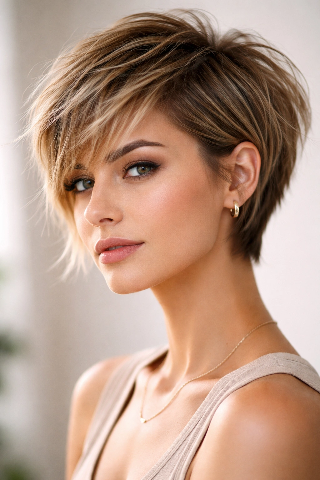 25 Medium Length Hairstyles That Suit Everyone 12 Textured pixie-bob hybrid hairstyle on model.
