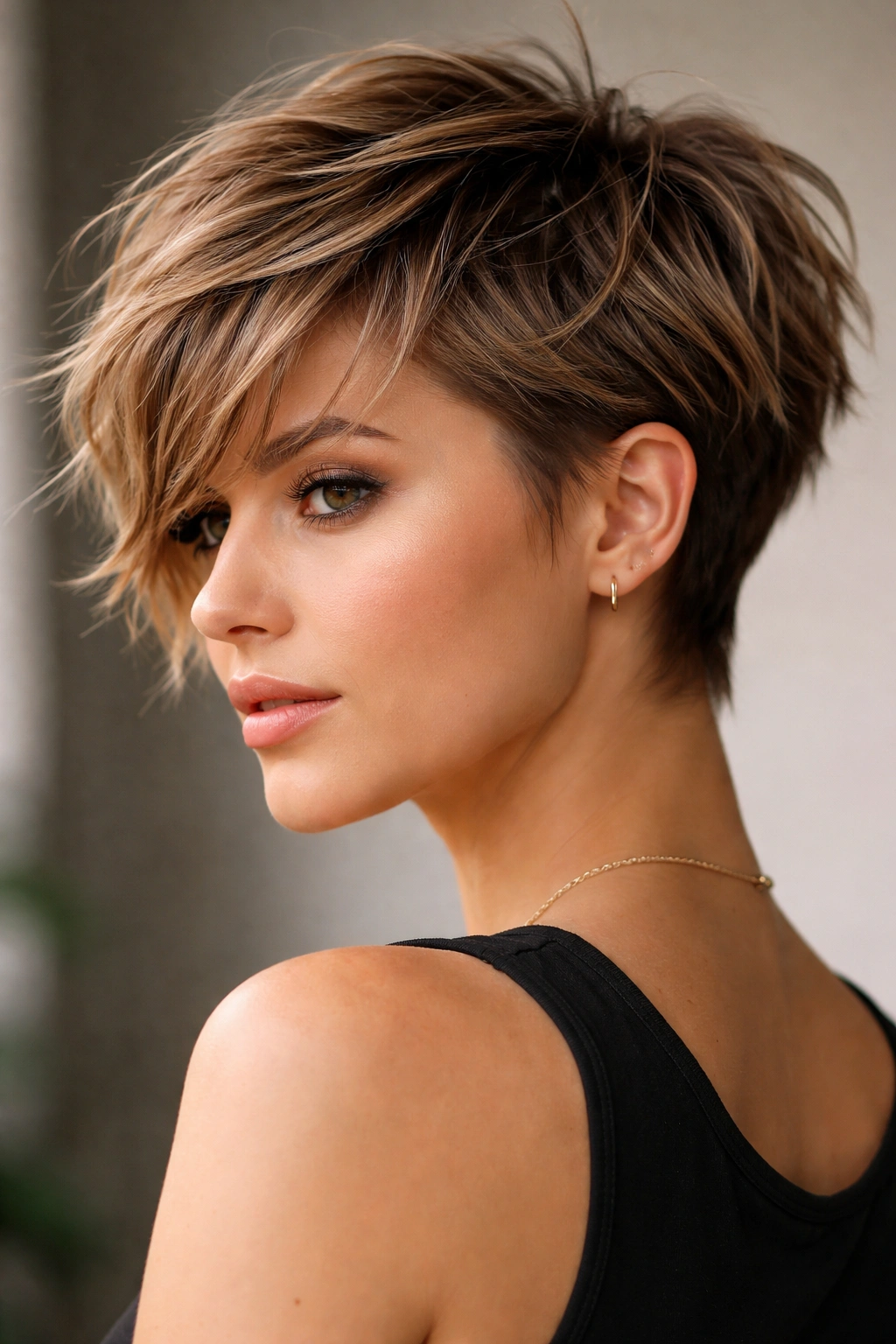 Portrait of a model with a textured pixie-bob hybrid featuring a longer top and sharp texture.