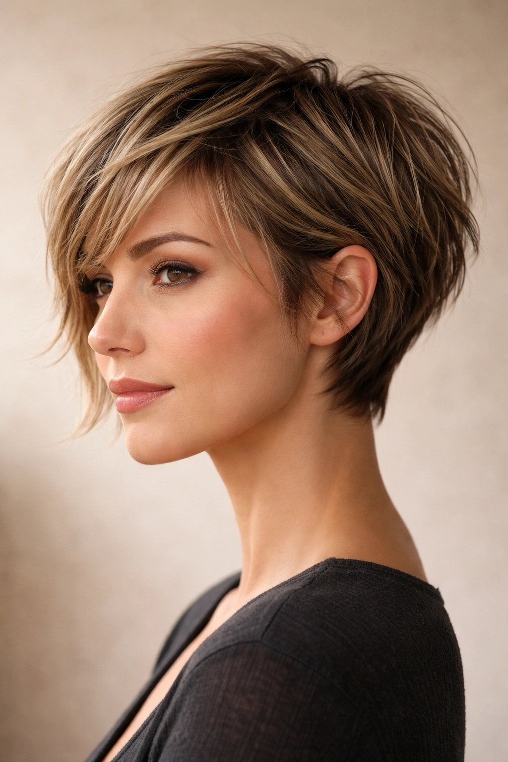 15 Hairstyles That Complement A Longer Face Shape 14 Profile view of a textured pixie-bob hybrid with choppy layers