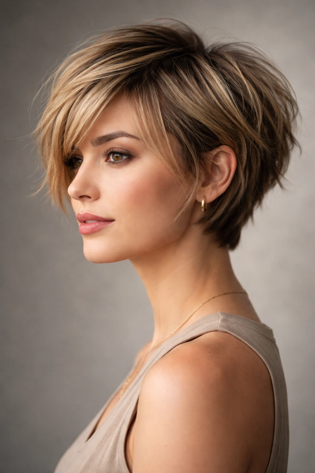 Portrait of a model with a textured pixie-bob hybrid featuring choppy layers and lifted crown.