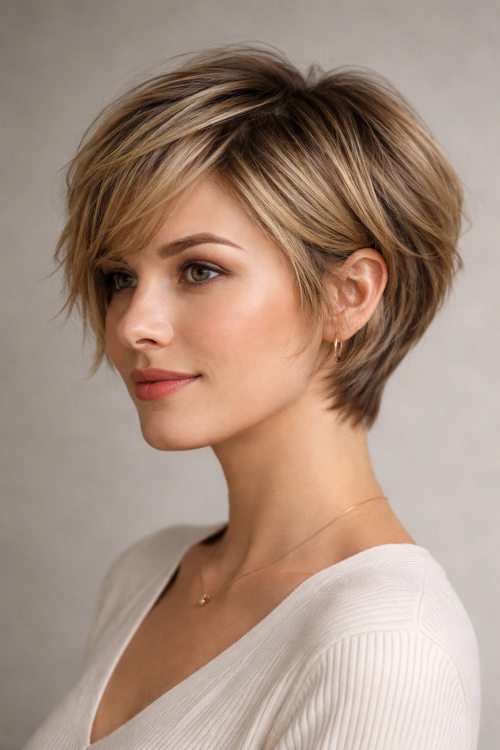 Close-up of textured pixie bob with layered crown and nape, studio lighting
