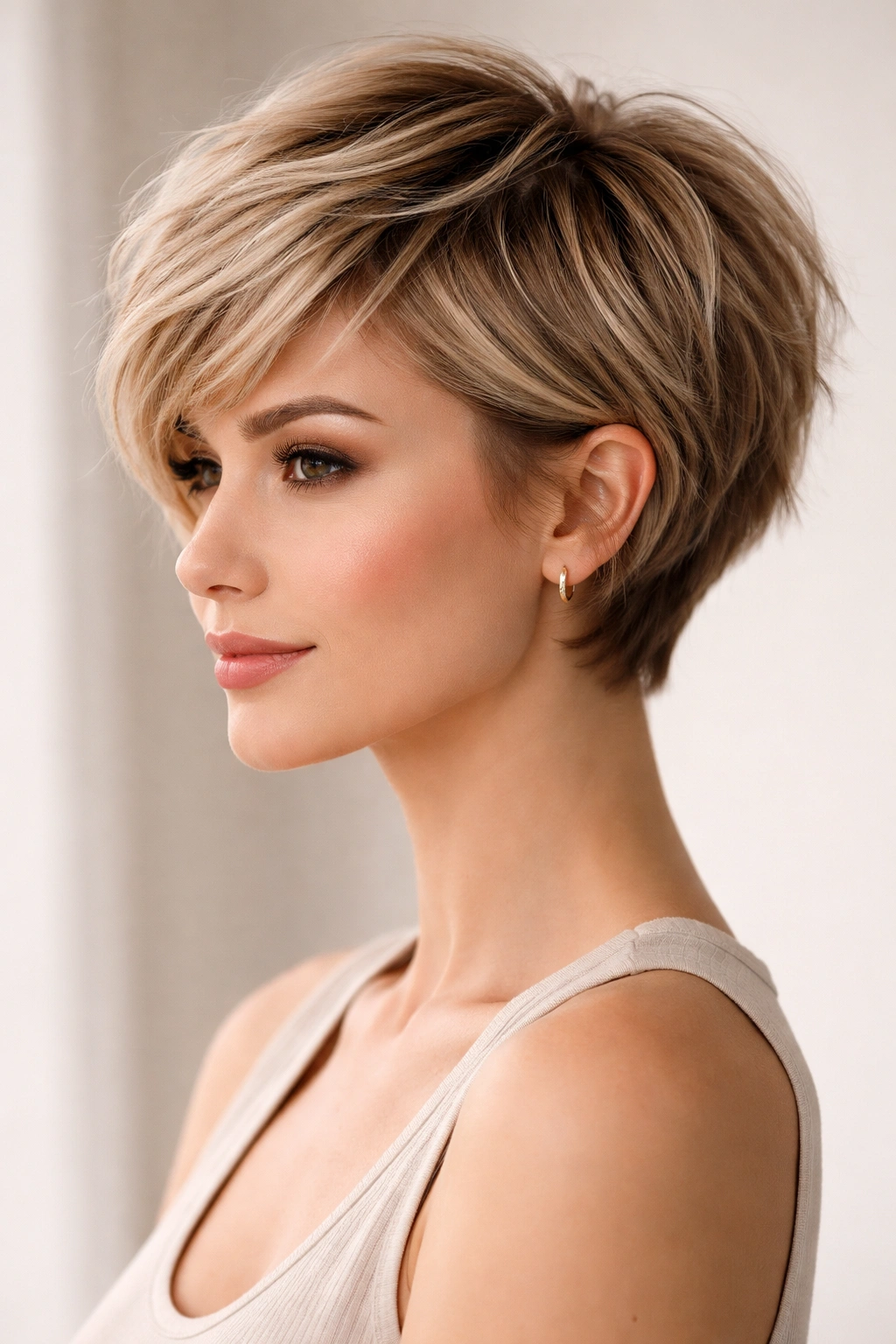 Close-up portrait of a person with a textured pixie bob featuring layered waves for fullness