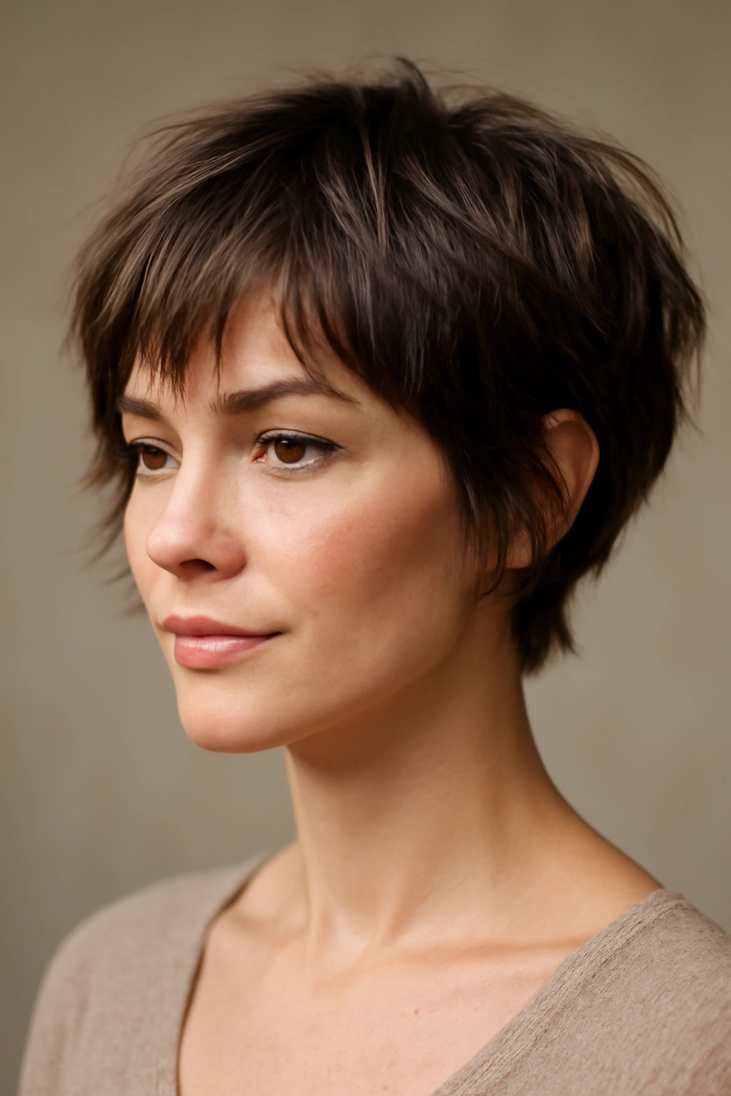 12 Short Layered Haircuts With Bangs That Actually Work 1 Close-up of textured pixie bob with wispy bangs