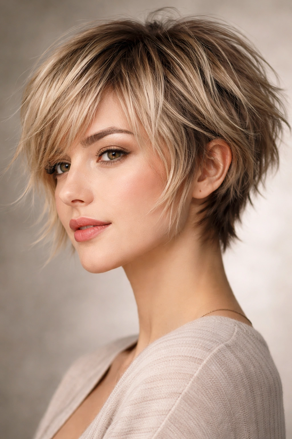 Close-up of a textured pixie bob with wispy, choppy layers