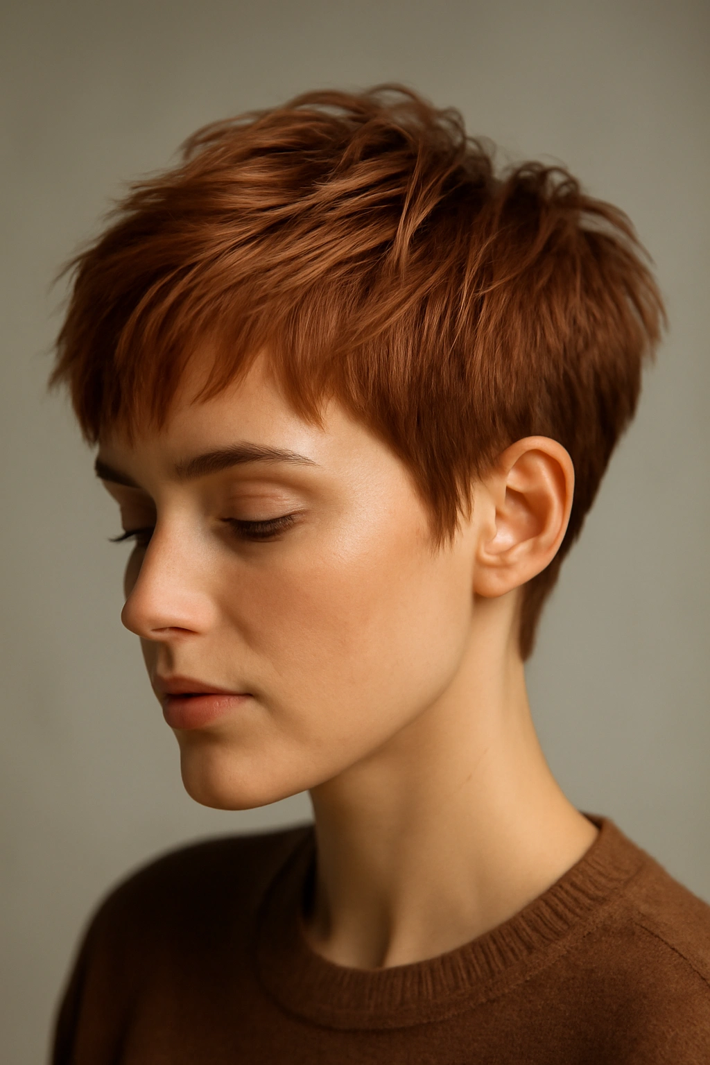 10 Short Copper Haircuts With a Warm Gorgeous Glow 4 Textured pixie crop in burnished copper with choppy layers.