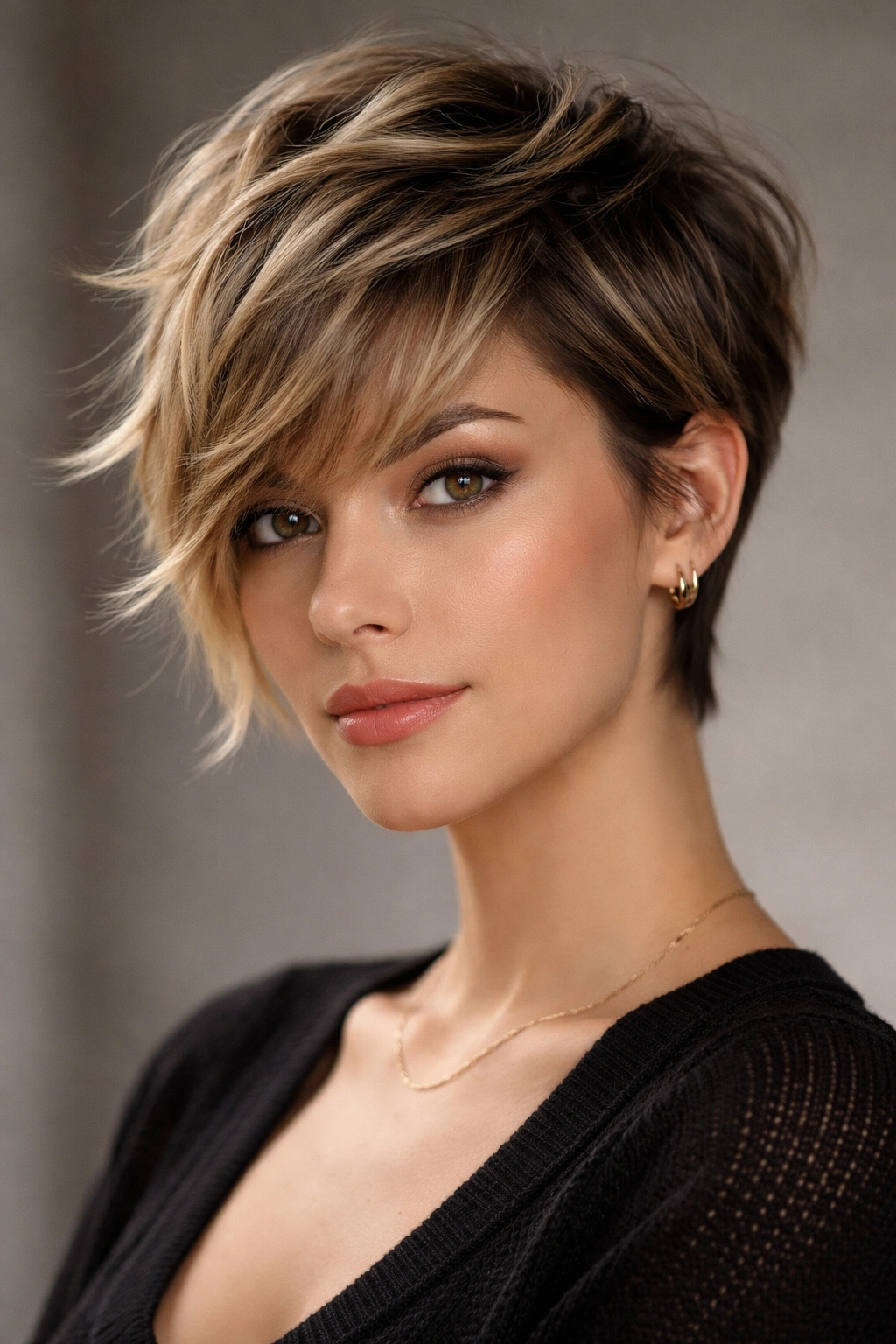 Close-up of a pixie-adjacent butterfly haircut with short sides and longer textured top.