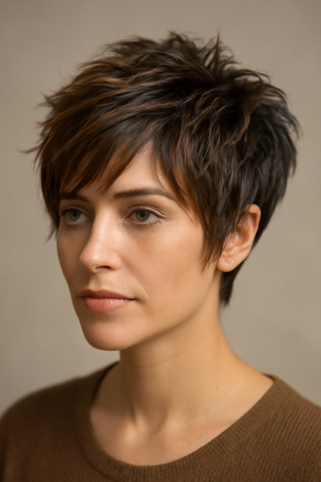 15 Short Haircuts That Look Stunning With Caramel Highlights 1 Close-up of a textured pixie hairstyle with caramel face-framing highlights