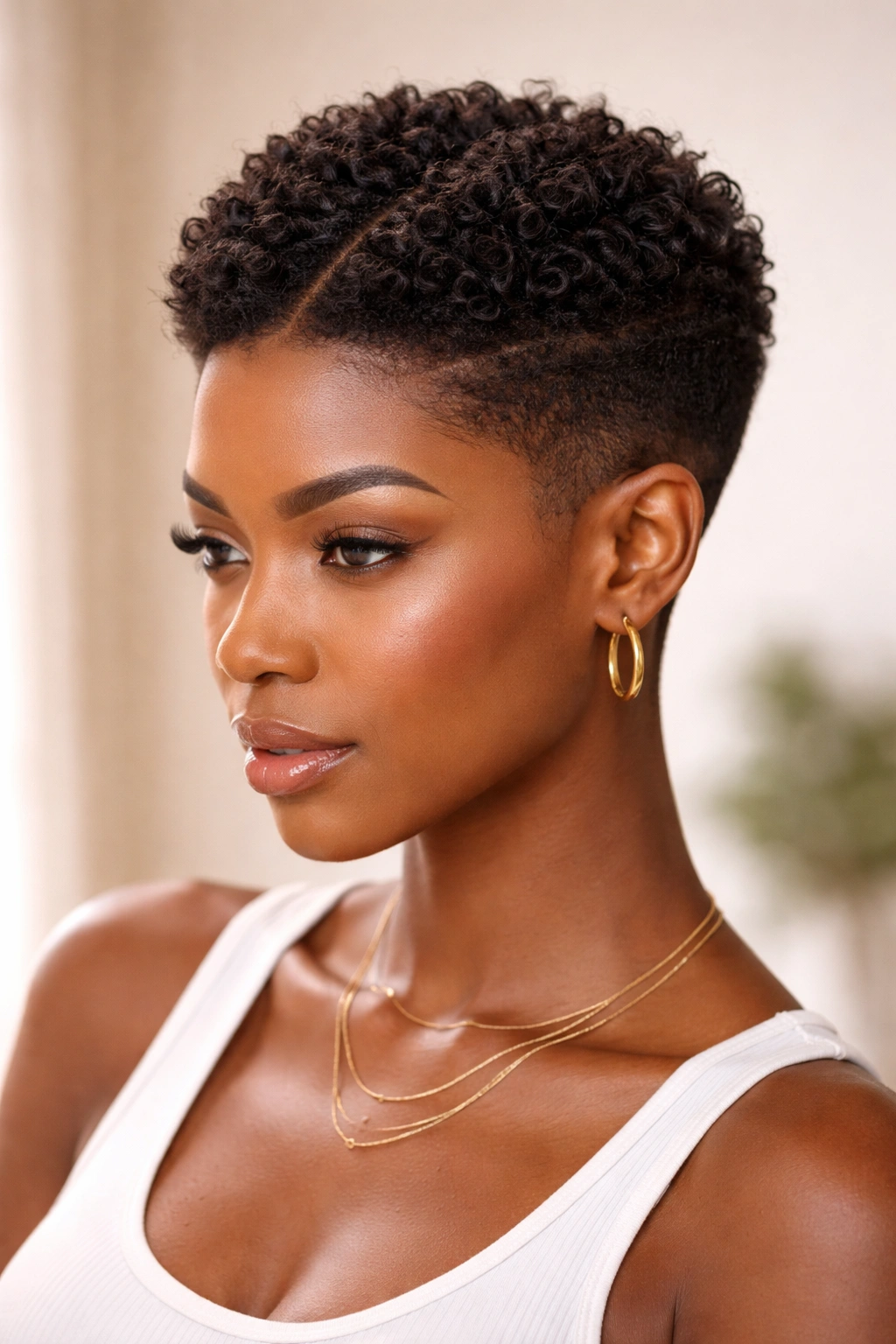 Textured tapered pixie with central divide showing voluminous top and tapered sides in studio portrait