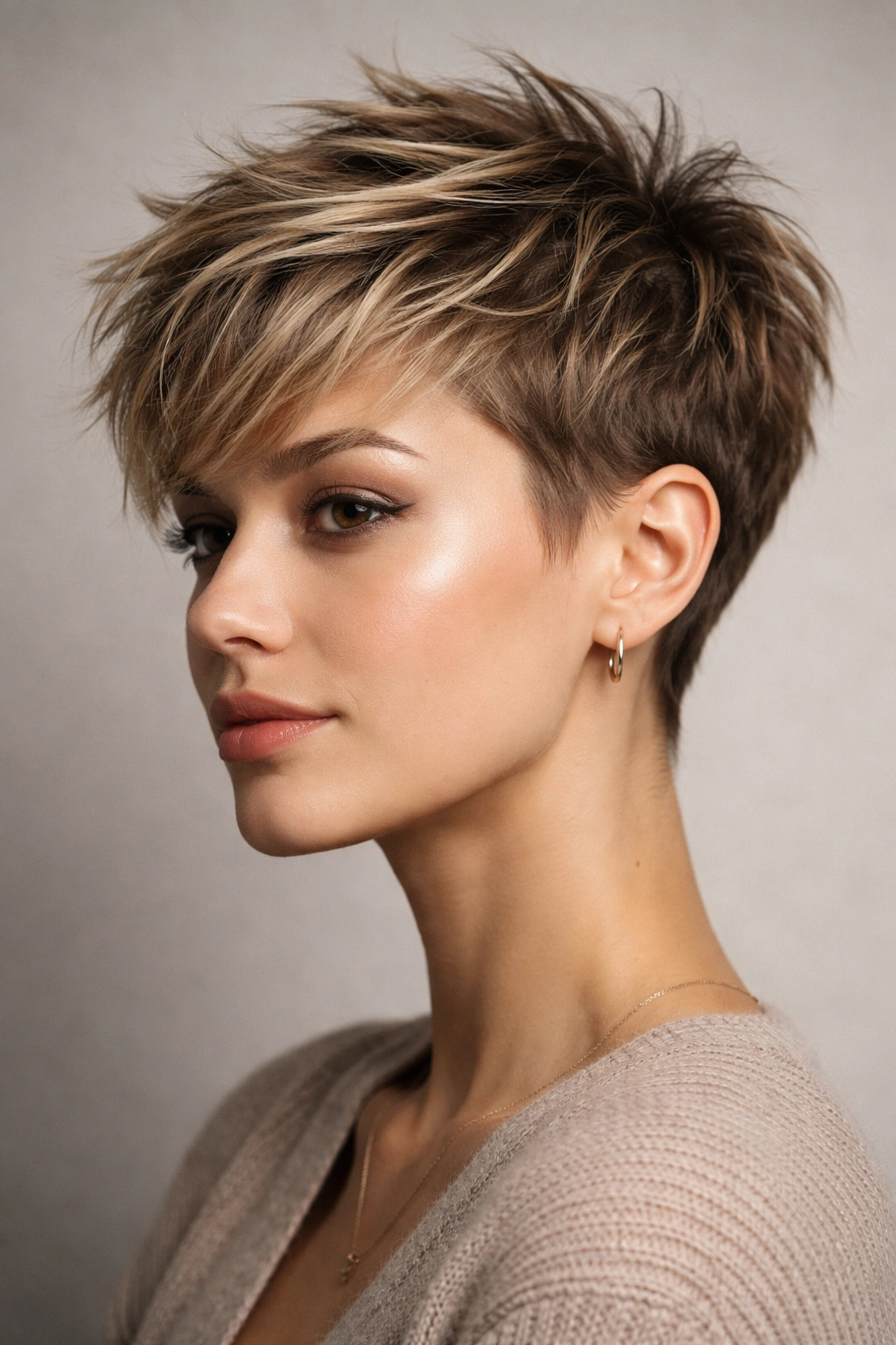 Close-up of a textured pixie hairstyle with layered top and short sides