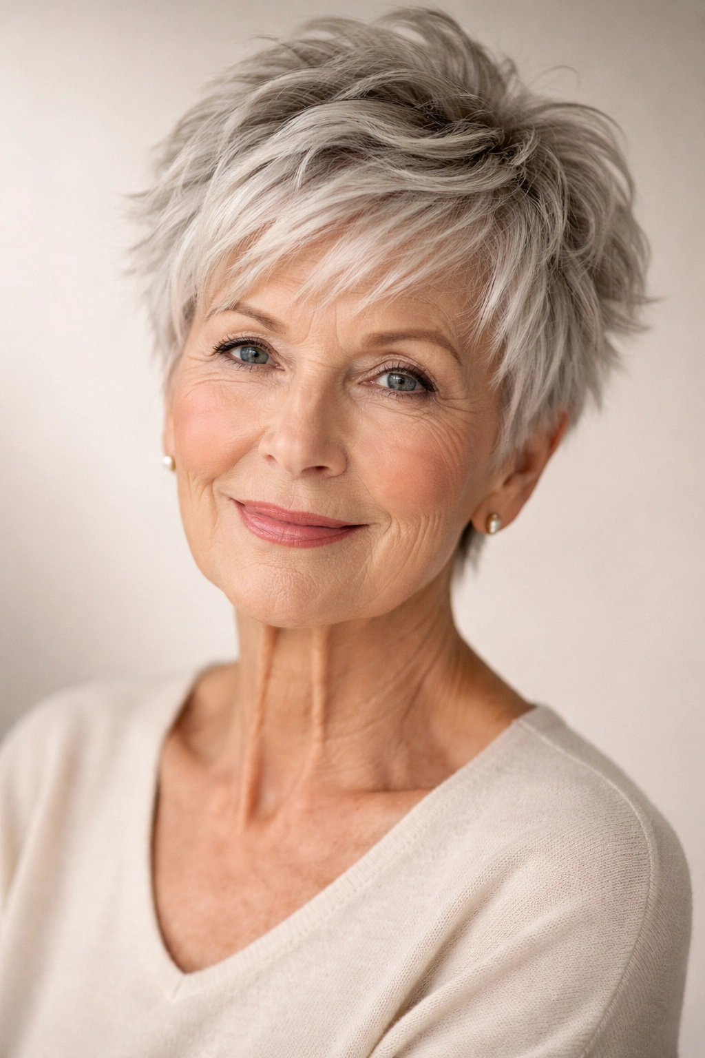 Elderly woman with textured pixie and choppy layers showing movement