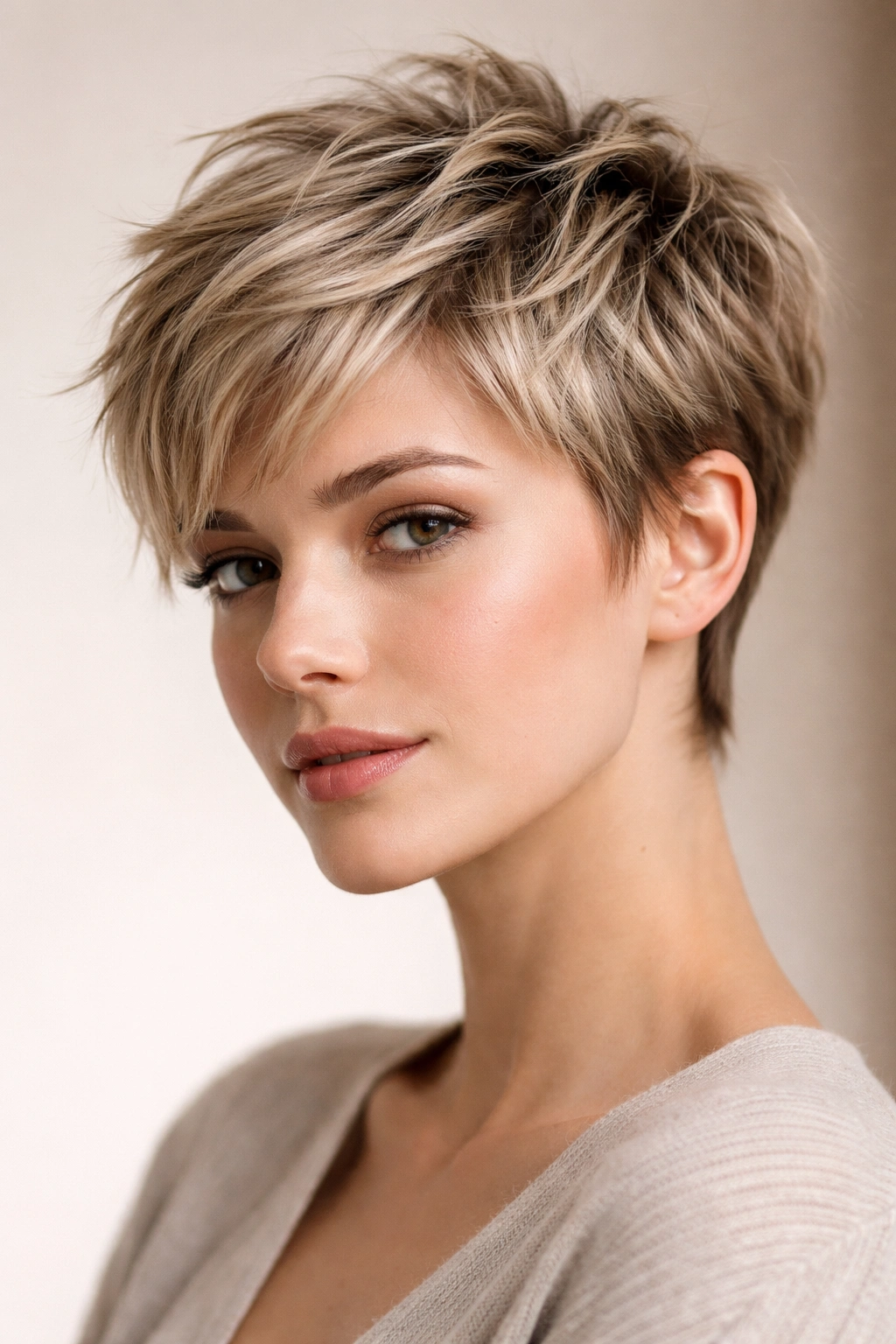 Close-up of textured pixie with choppy crown layers creating volume for fine hair