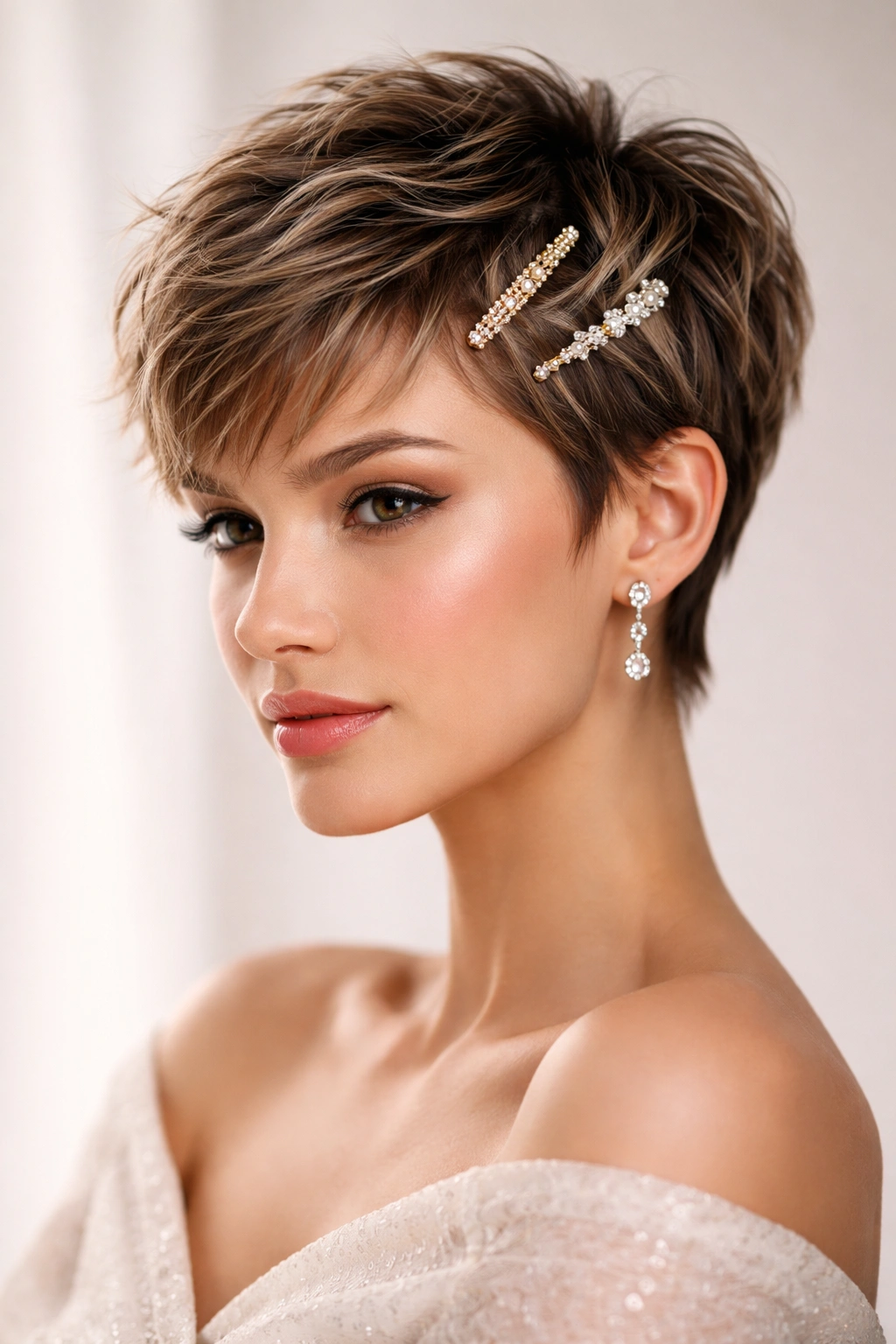 Textured pixie with small metallic clips enhancing the short hairstyle