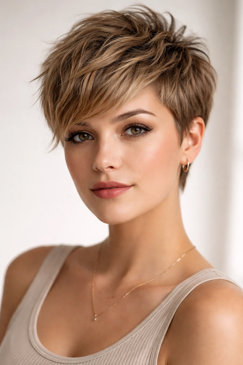 Textured pixie crop hairstyle with crown height and top texture