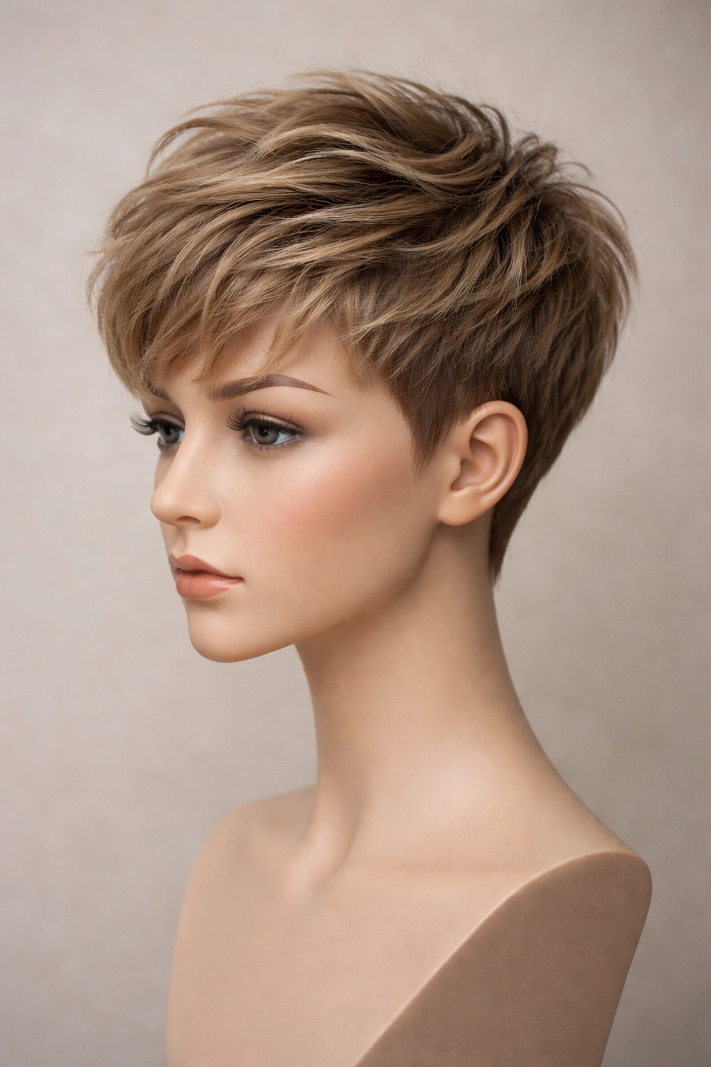 15 Short Haircuts Made For Heart Shaped Faces 8 Textured pixie crop hairstyle on a head mannequin in studio lighting