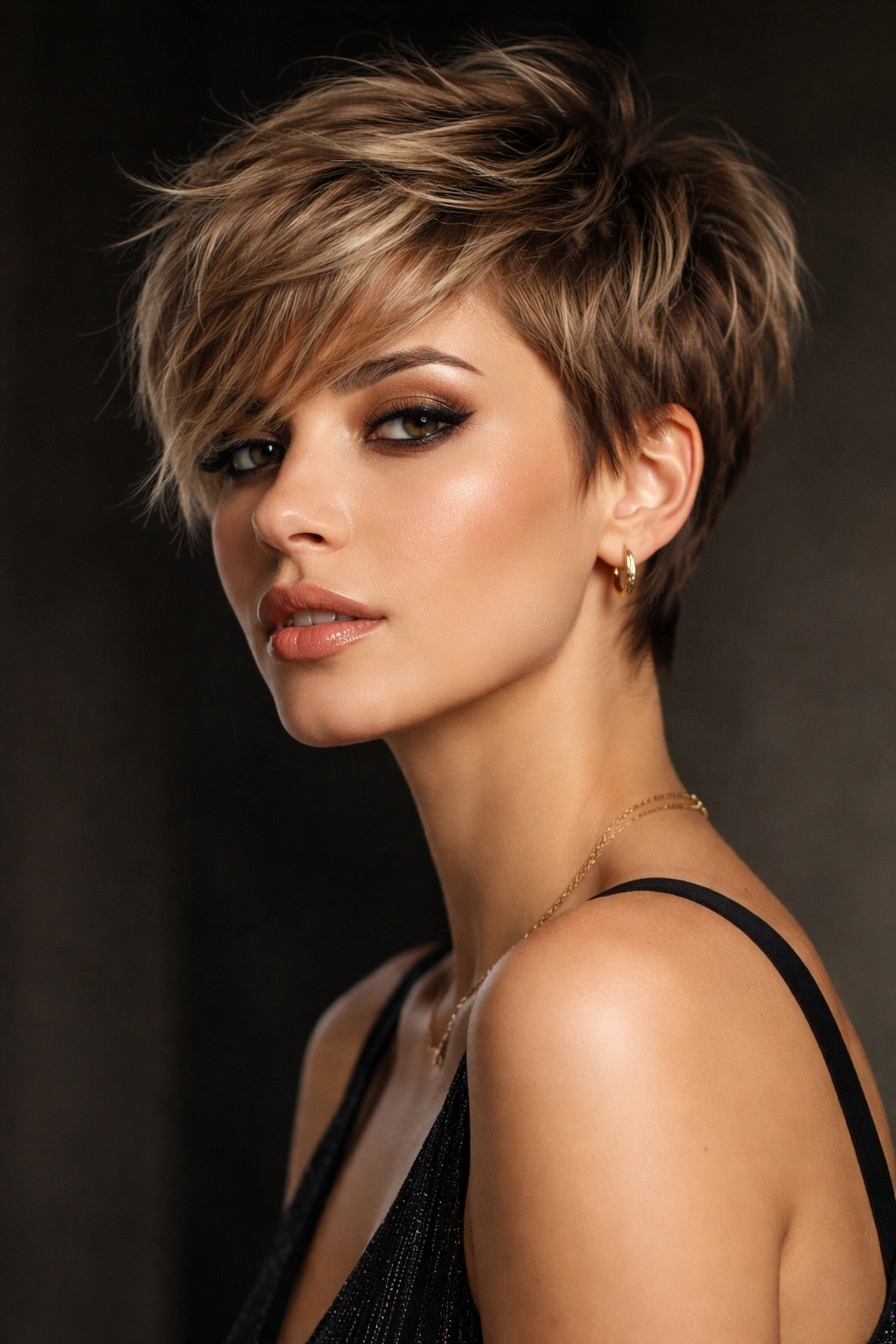 Head-and-shoulders shot of textured pixie crop with movement and depth