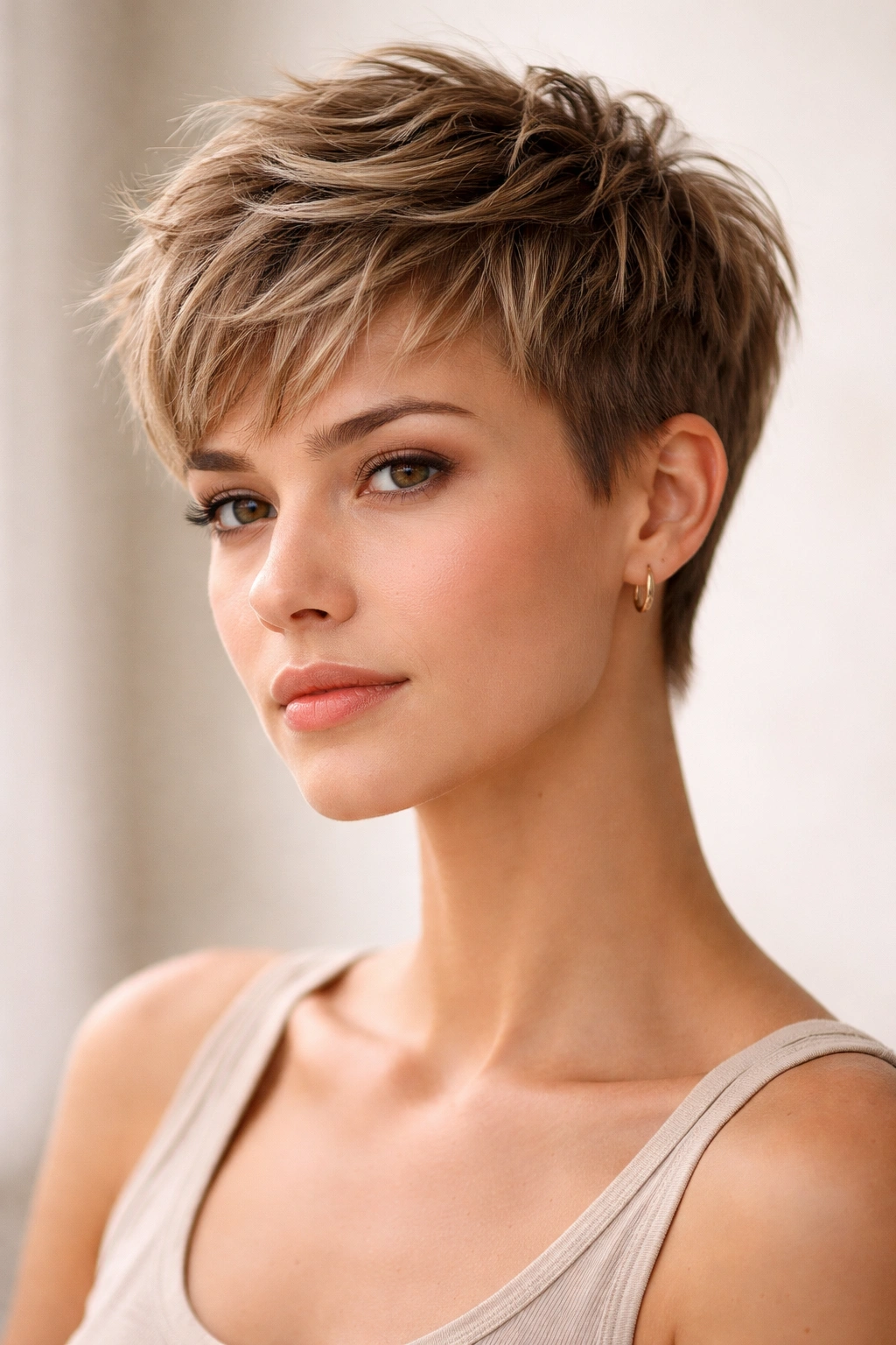 Close-up of a textured pixie crop with 2-3 inch top and short sides in soft studio light