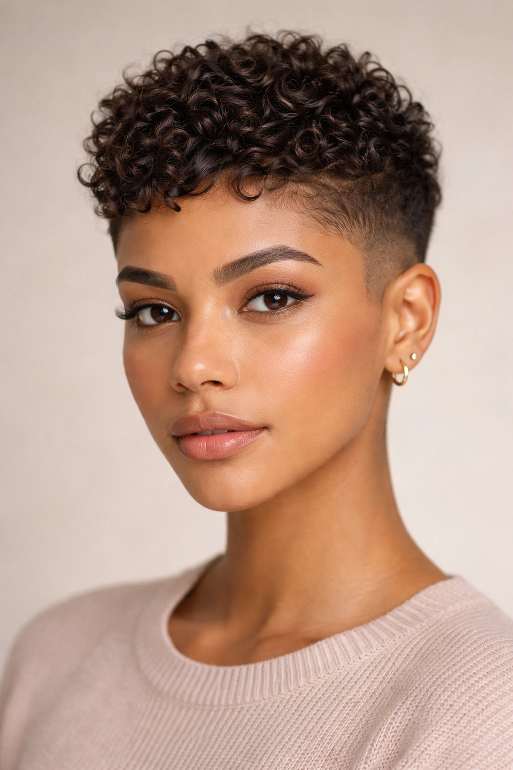 Close-up portrait of a person with a textured pixie crop and faded sides emphasizing curl texture