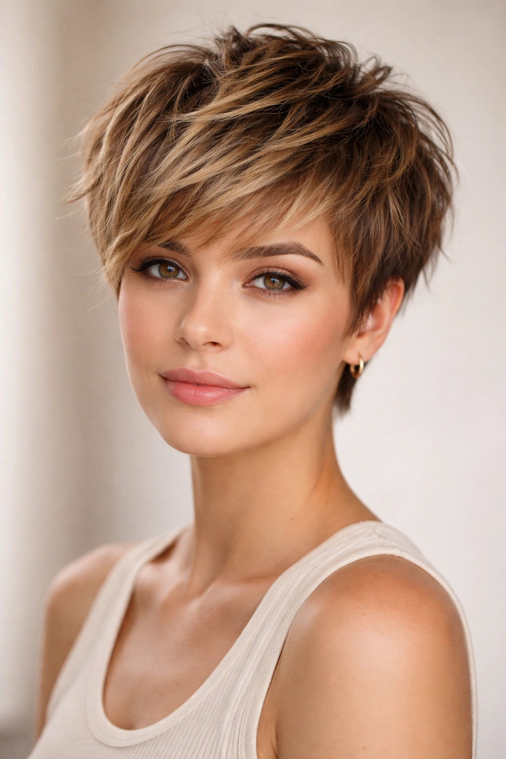 Close-up of a textured pixie crop with extended crown layers and choppy ends
