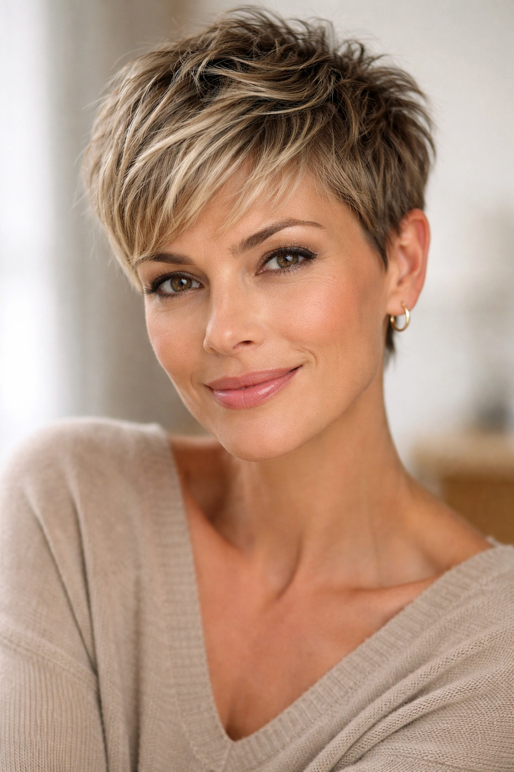12 Pixie Cuts That Look Stunning In Your 40s 1 Close-up of a person with a short textured pixie crop and choppy layers.