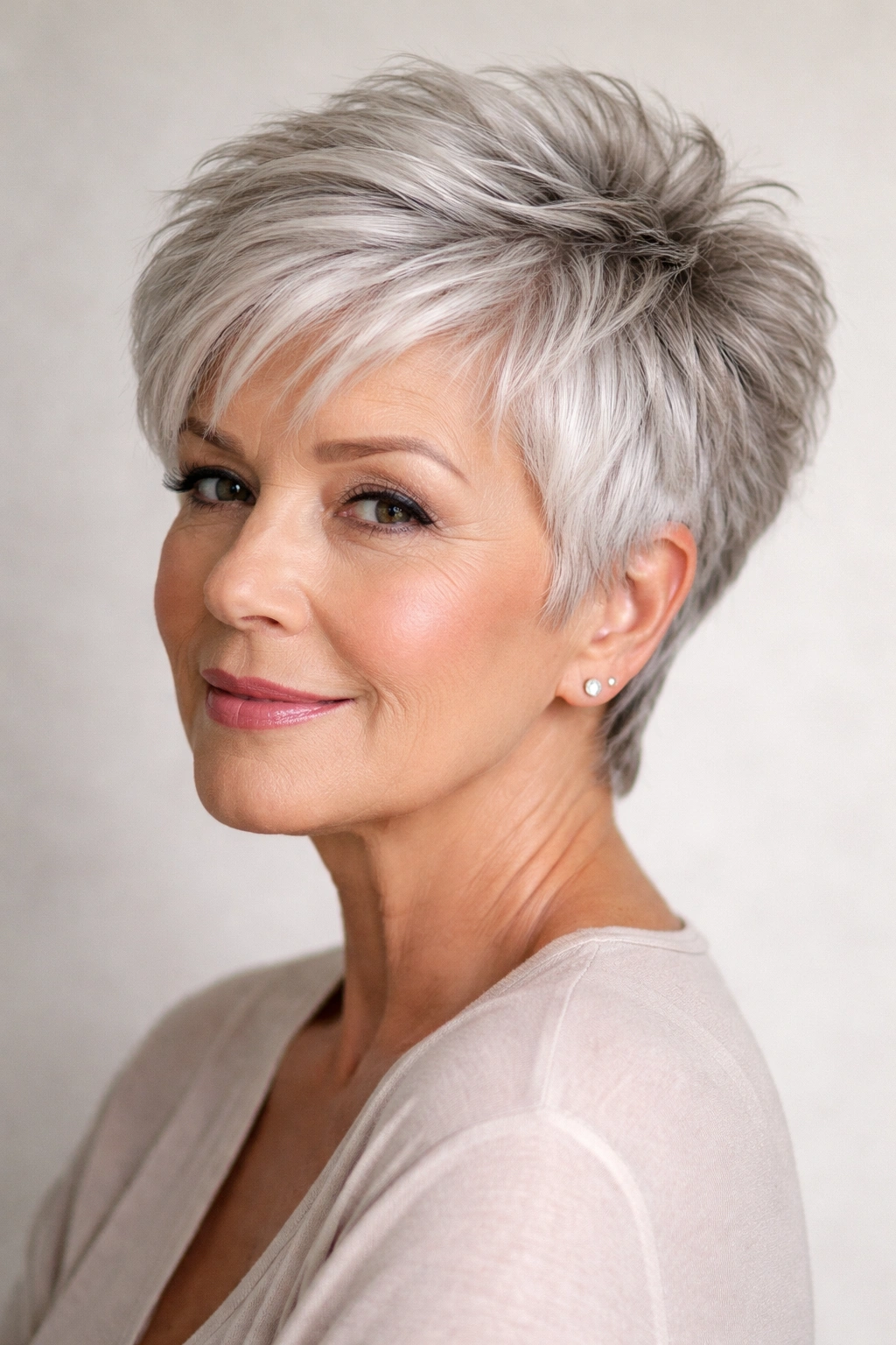 20 Haircuts For Women Over 60 By Face Shape 1 Close-up of an older woman with textured pixie crop for round faces; silver hair with crown height.