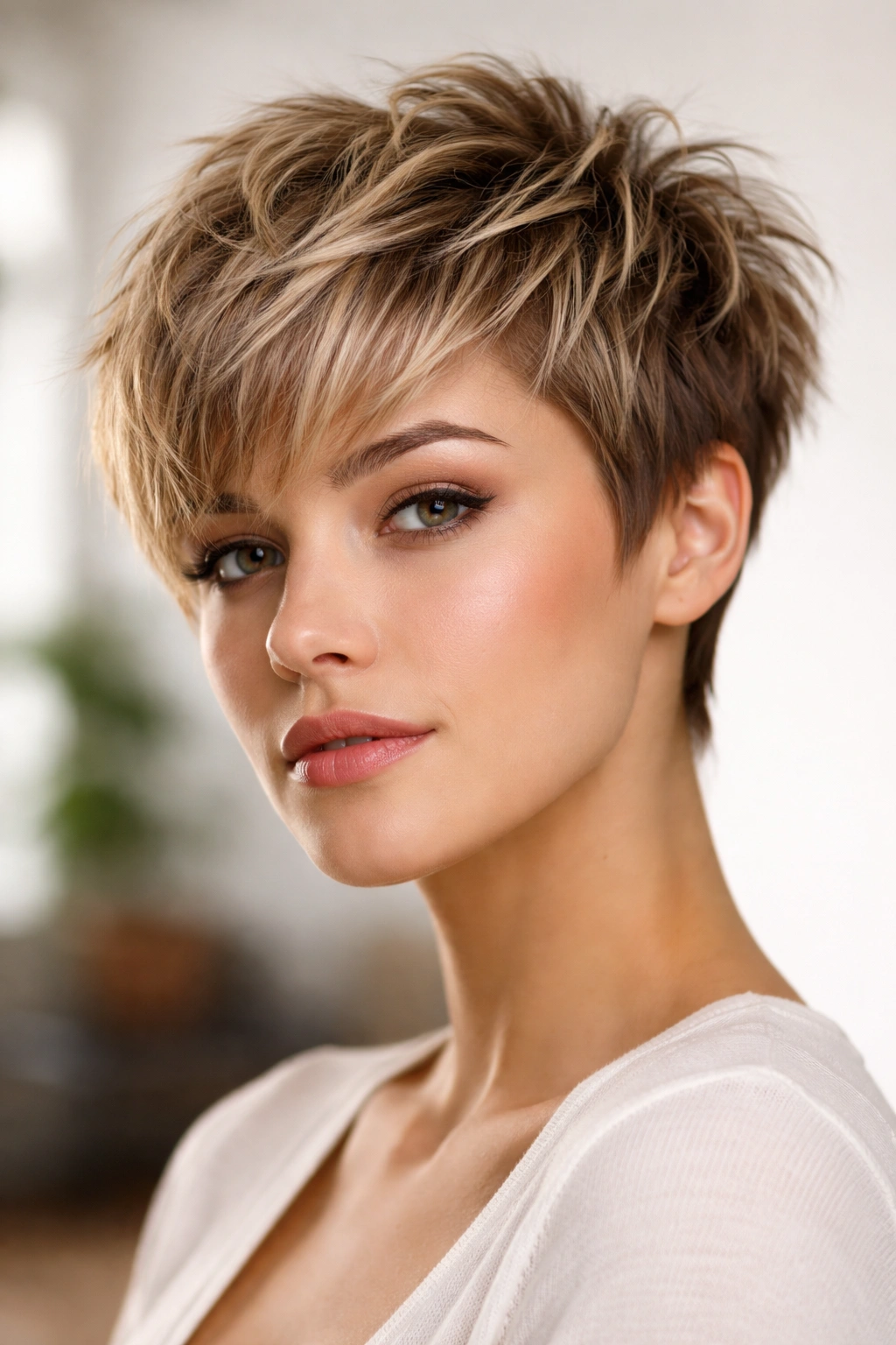 12 Choppy Layer Haircuts That Add Quick Volume 2 Close-up of textured pixie with choppy crown showing dimensional top texture.