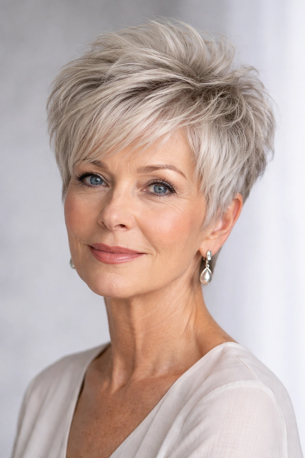 Close-up of textured pixie with crown lift in silver-blonde tones