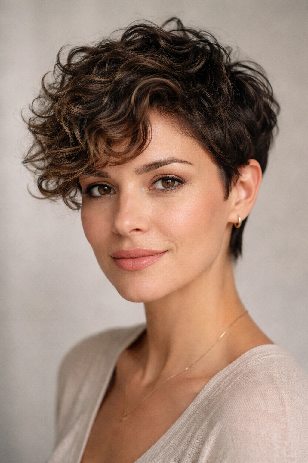 20 Short Curly Hairstyles Women Over 30 Love 1 Close-up of textured pixie cut with soft layered curls on a stylish woman.