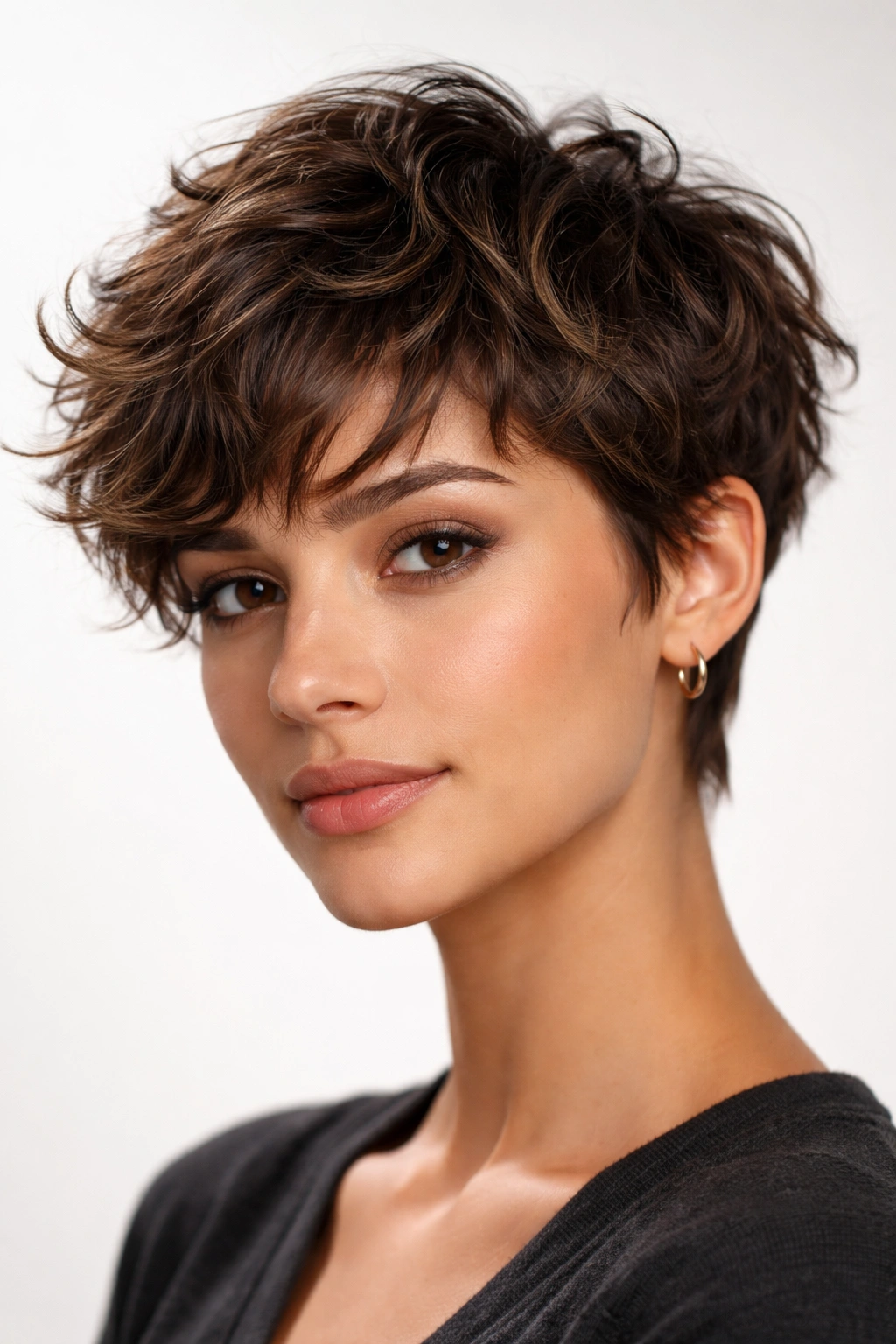 Close-up portrait of a person with The Textured Pixie showing short, choppy layers and visible texture.