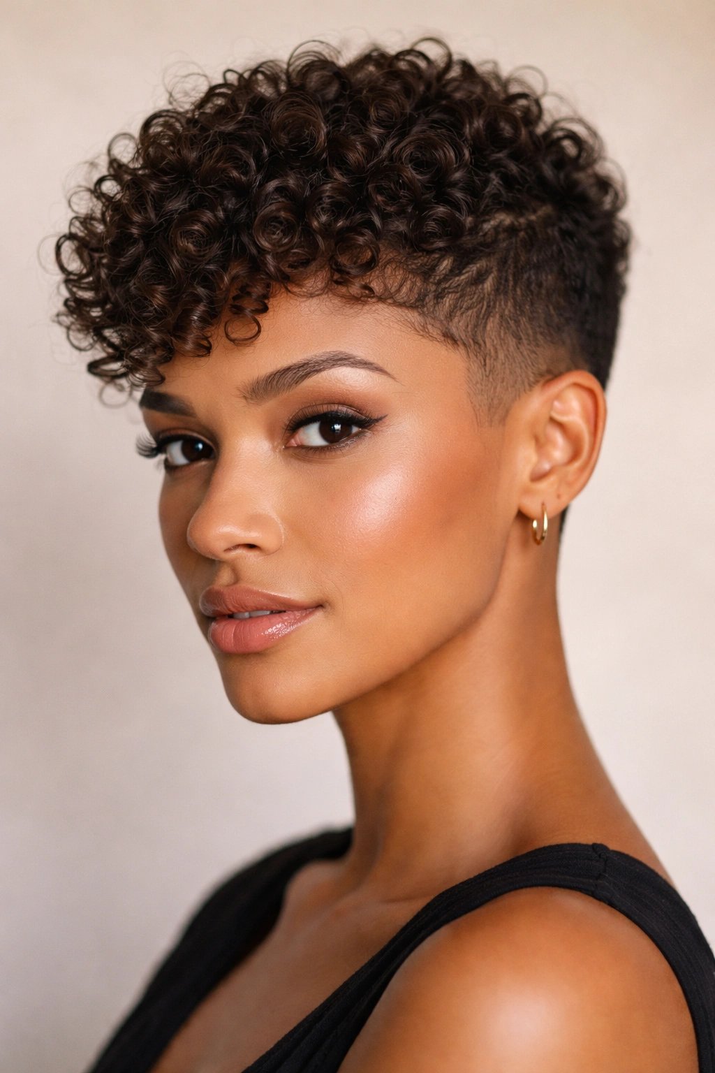 Close-up of a textured pixie hairstyle with defined curls on top and shaved sides