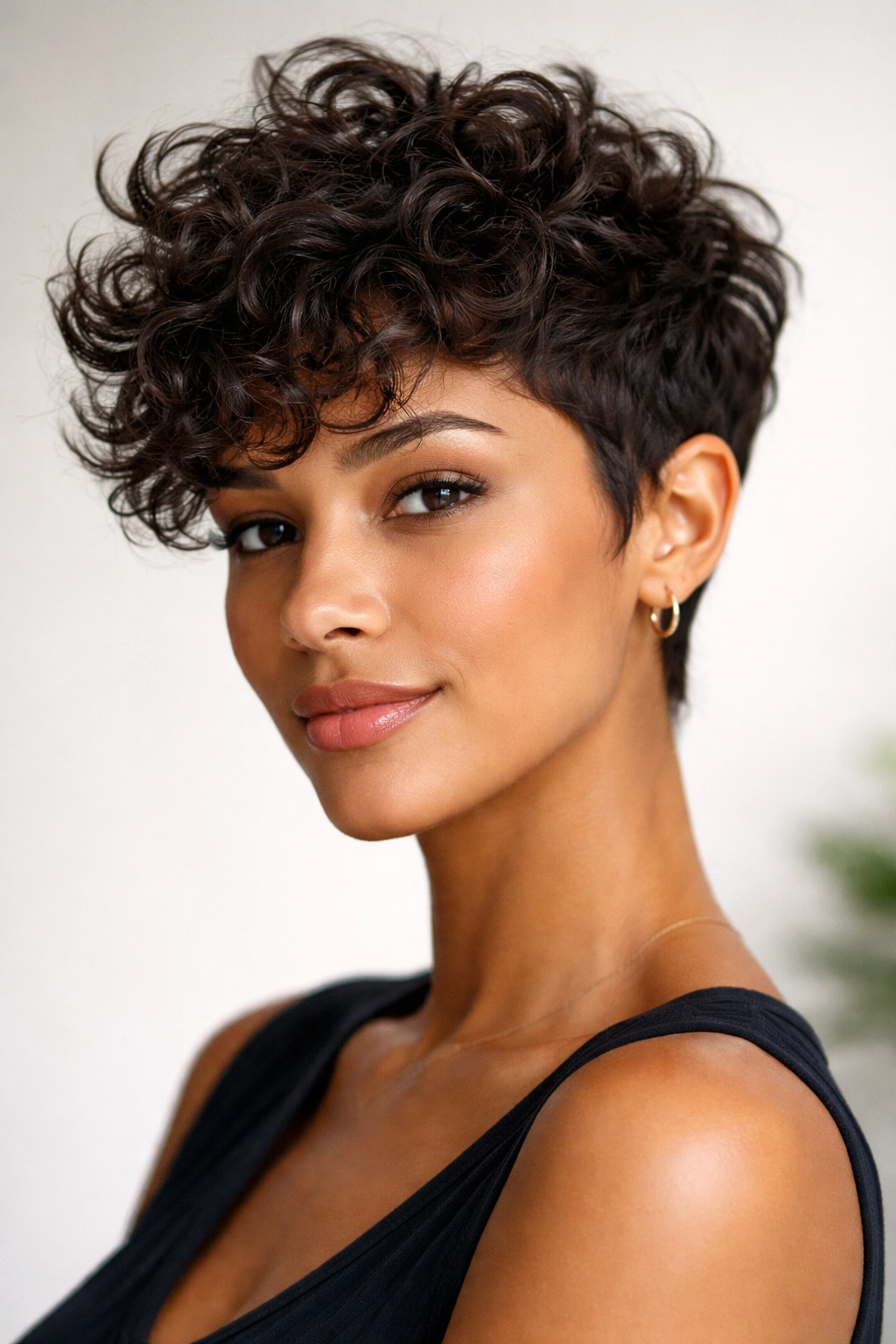 Close-up of a textured curly pixie cut with layered curls