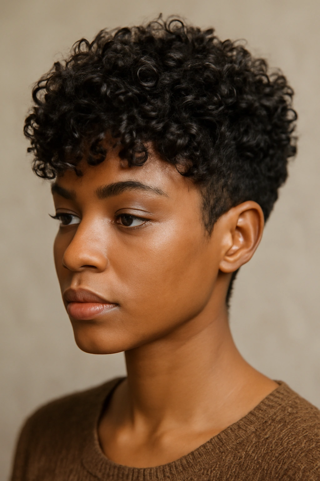 12 Short Curly Natural Hairstyles for Black Women 2 Close-up of a Black woman with a textured pixie cut and defined curls