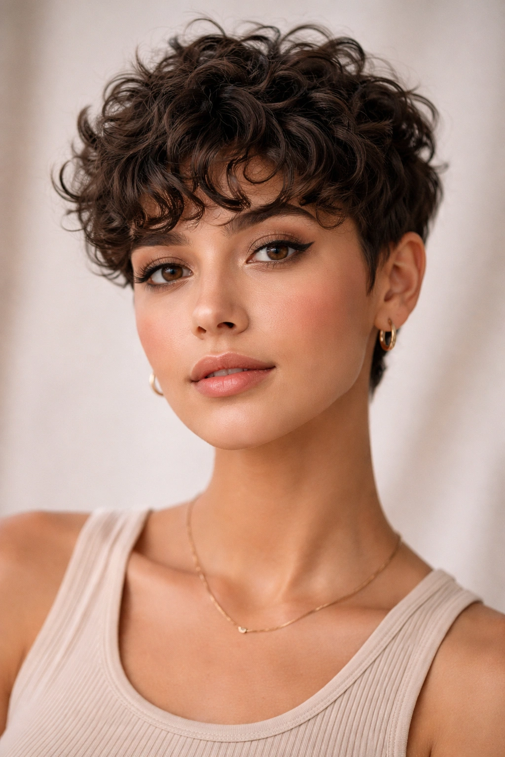 Close-up of textured pixie with curly bangs, tapered sides.