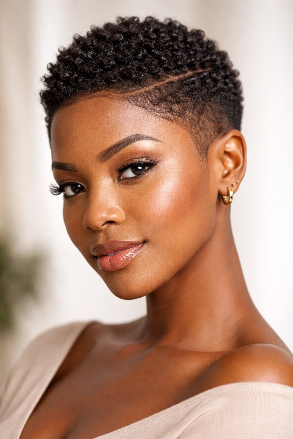 Close up of Textured Pixie with Defined Edges highlighting sharp edges and curl texture.