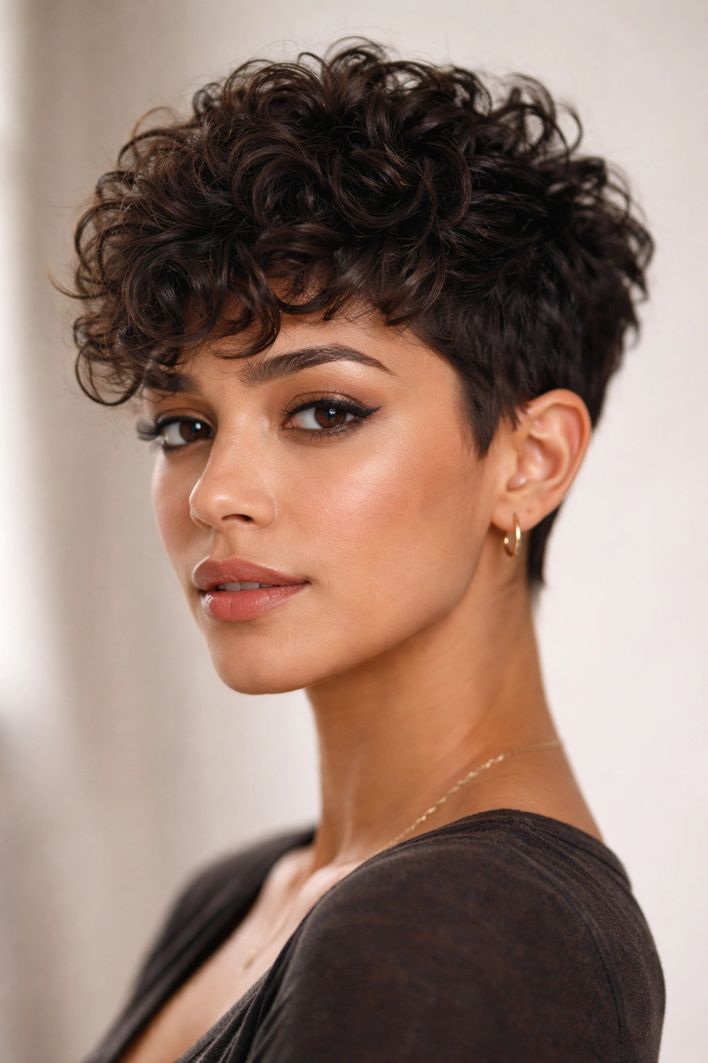 20 Short Curly Haircuts To Try Today 1 Close-up of The Textured Pixie hairstyle on a model with choppy top layers and tapered sides.