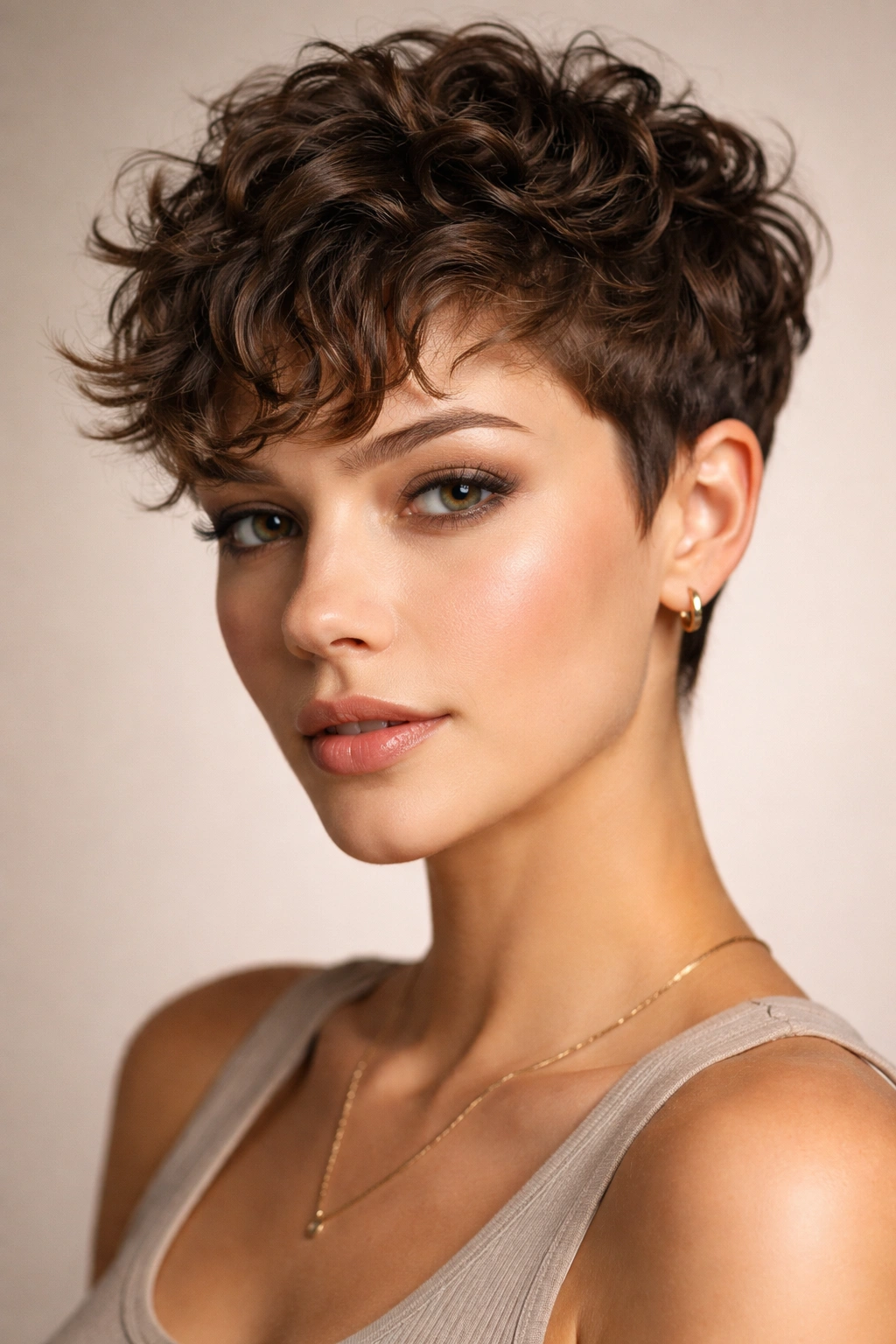 Close-up of a curly-haired person with a modern textured pixie, razor-cut crown layers and defined curls.