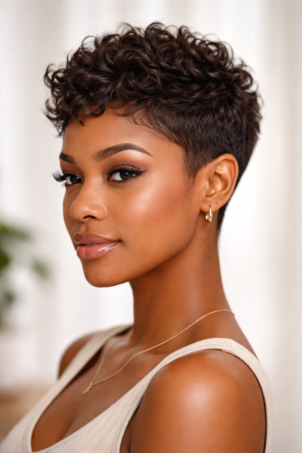 Close-up of a textured pixie with soft edges on a Black woman