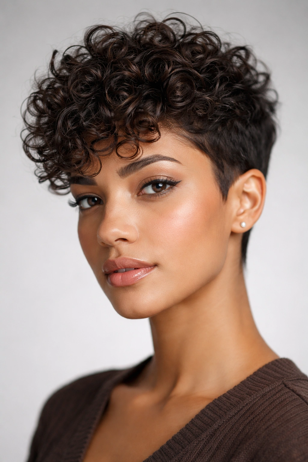 Close-up portrait of a textured pixie cut with layered curls for Type 3 hair