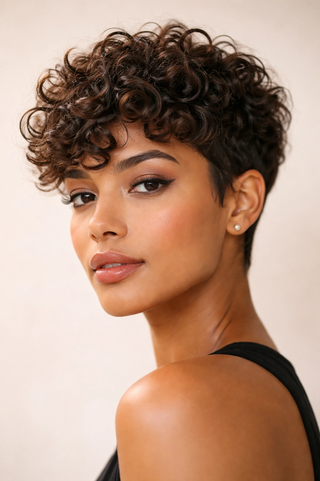 12 Short Haircuts For Type 3 Curly Hair To Try 1 Close-up of a curly textured pixie cut with choppy layers highlighting curl definition